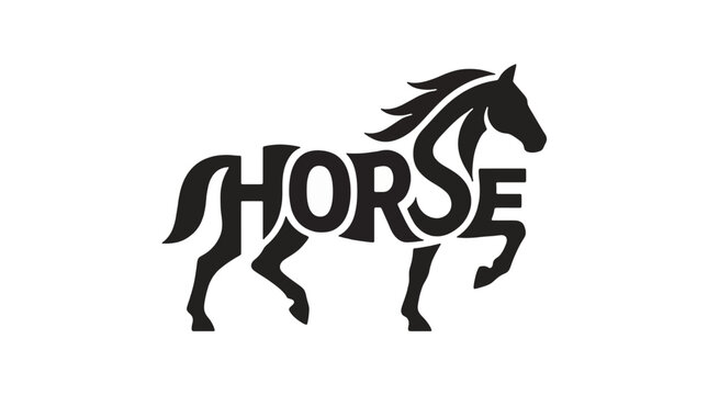 Design a premium minimalist vector logo where the word "HORSE" is seamlessly transformed into the silhouette of a horse. The typography and the animal must become a single unified design, with every l