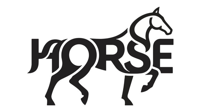 Design a premium minimalist vector logo where the word "HORSE" is seamlessly transformed into the silhouette of a horse. The typography and the animal must become a single unified design, with every l