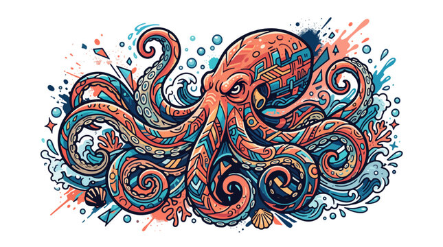Giant octopus with flowing tentacles, ocean waves, bubbles, seashells and ink splash effects, graffiti-inspired vector illustration, urban streetwear design, mascot logo aesthetic, bold outlines, geom