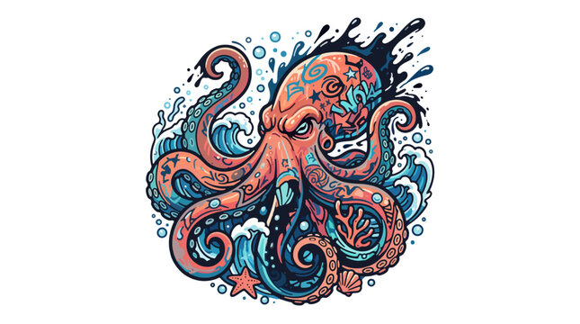 Giant octopus with flowing tentacles, ocean waves, bubbles, seashells and ink splash effects, graffiti-inspired vector illustration, urban streetwear design, mascot logo aesthetic, bold outlines, geom
