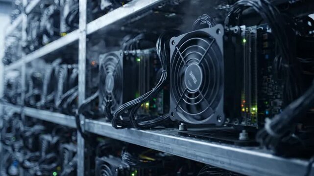 Industrial cryptocurrency mining farm with active cooling fans and server hardware racks for performance data processing and blockchain operations