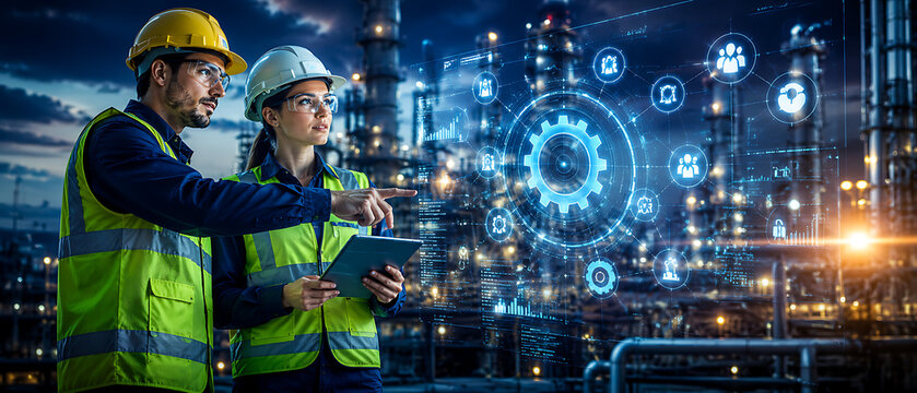 Industrial engineers using digital twin technology at refinery, smart factory automation with holographic interface, oil and gas plant management isolated on White Background ai