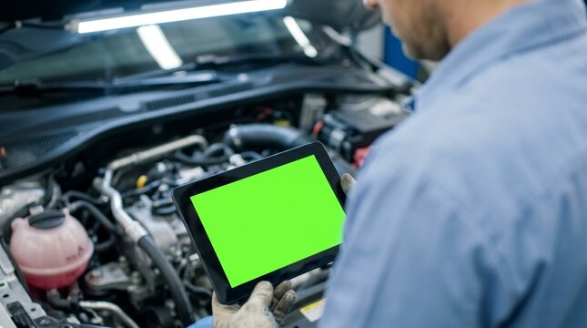 Professional mechanic using a tablet  chroma key to diagnose a car engine