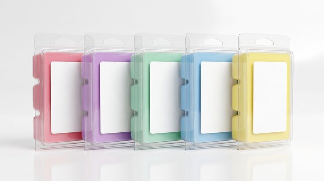 wax melt packages mockup Five pastel colored wax melt clamshell packages in a row
