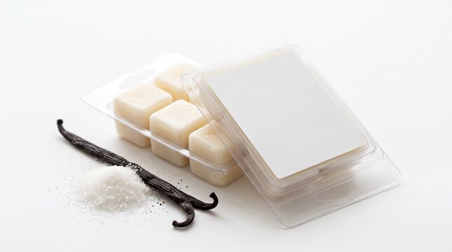 wax melt packing mockup  Vanilla scented soy wax melts in plastic clamshell packaging with vanilla bean and sugar
