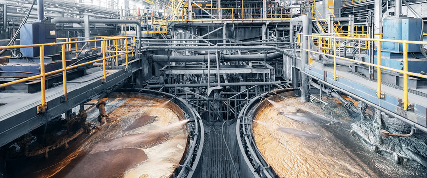 Closeup of fine pulp with bubbles, concentration plant. Flotation and processing for copper ore