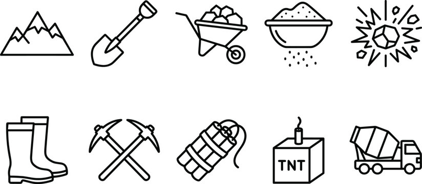 Industrial Coal Mining Vector Outline Icon Set Featuring Dynamite Equipment Tools And Heavy Machinery Vehicles
