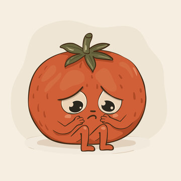 Sad crying tomato character. Hand drawn vector illustration in retro style