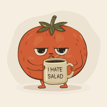 Cute grumpy tomato character with cup of coffee. Vector illustration