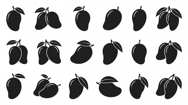 Grid of mango silhouettes with varied shapes and leaves, minimalist composition highlighting fruit identity and motif expansion.