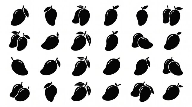 Grid of mango silhouettes with varied shapes and leaves, minimalist composition highlighting fruit identity and motif expansion.