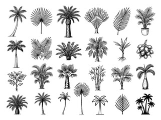 Obraz premium Hand drawn black ink sketch of tropical palm tree and leaf collection, isolated on white background for botanical design