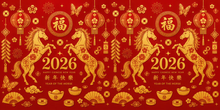 Happy chinese new year 2026 the horse zodiac sign with flower,lantern,asian elements red and gold color paper cut style on color background. ( Translation : happy new year 2026 year of the horse )