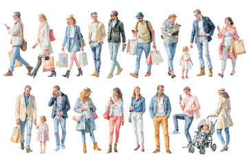 Fototapeta premium Group of fashion models walking with shopping bags on white background