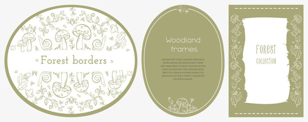 Hand drawn forest frame collection with mushrooms, leaves, vines and snails. Decorative borders in round, oval and vertical shapes for cards, invitations, posters and nature themed designs. © Elena
