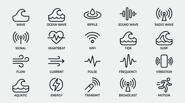 Minimalist outline wave and energy icon collection illustrating ocean tidal flow heartbeat connectivity wifi signals and motion symbols for technical web design.