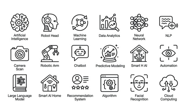 Modern artificial intelligence technology icon set featuring machine learning neural network robotic arm chatbot and cloud computing linear vector graphic design.
