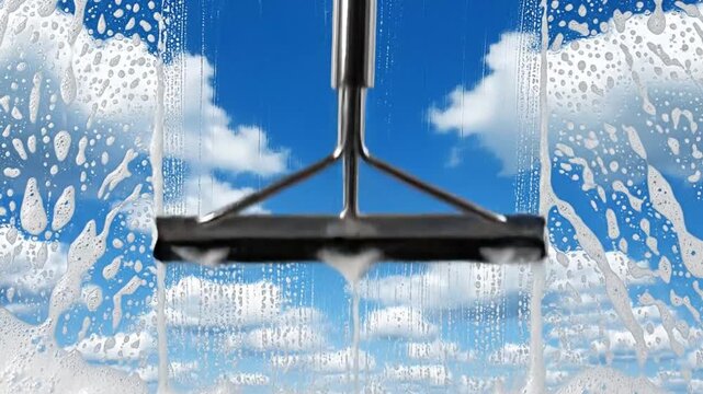 Window cleaning with a squeegee showing the blue sky and fluffy white clouds, soap bubbles on the surface