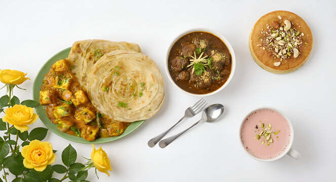 A colorful Indian breakfast featuring paneer curry, flaky parathas, Nihari and tea