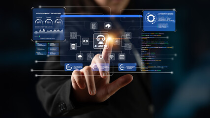 Fototapeta premium Futuristic User Interface with Virtual Assistant Displayed on Touchscreen with Data Analytics, Graphs, and Programming Code for Technology Concept. Glyphic.