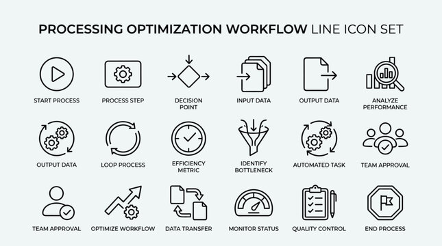 Process optimization icons, workflow management symbols, business strategy graphics, project planning elements, start process, decision point, input output data.