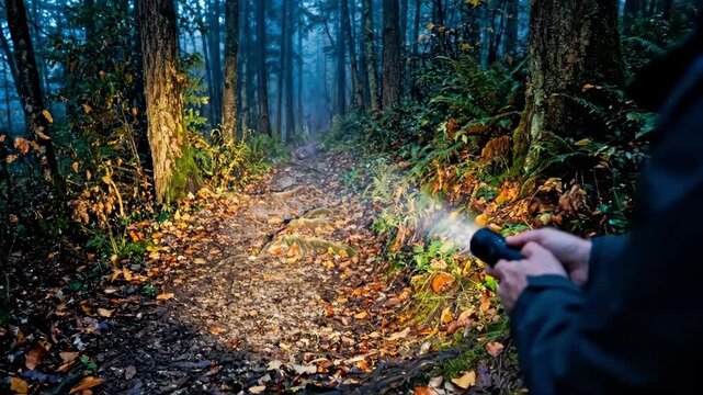 Hands holding flashlight on misty forest path at dusk. Autumn woodland search for lost child. Symbol of hope and awareness for international missing children day