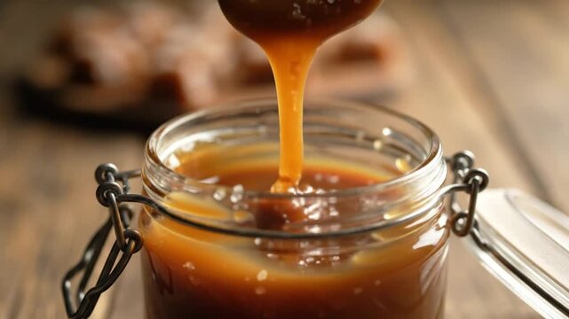 Delicious homemade salted caramel sauce drizzling from a spoon into a glass jar for culinary use