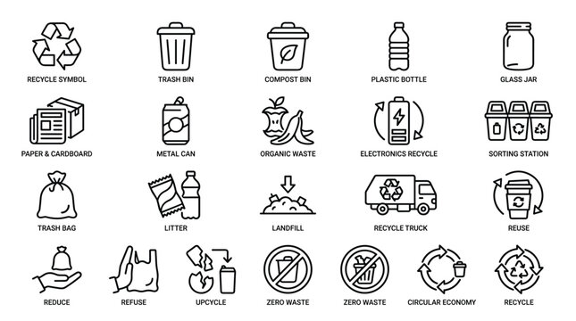 Recycling and waste management icons vector set in outline style including recycle symbol, trash bin, compost bin, plastic bottle, glass jar, paper, metal can.