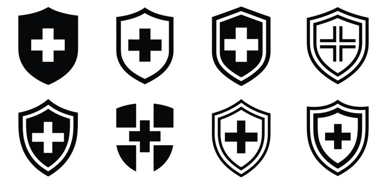 Medical Shield Cross Icons, health protection and immunity symbols for healthcare, hospital, emergency and flat vector design