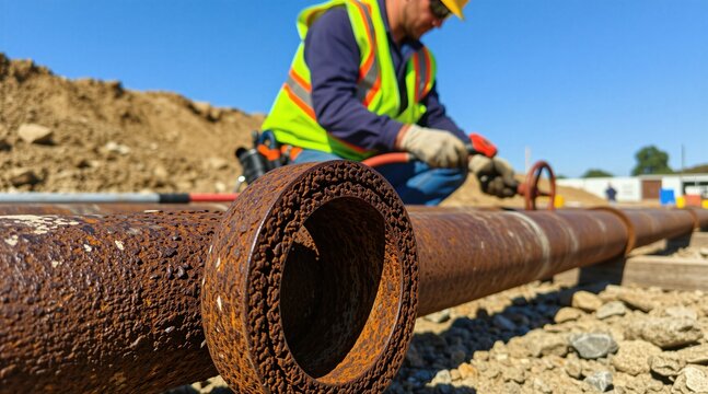 Worker in safety vest repairs old rusty pipeline on construction site. Man checks metal pipe with valve. Outdoor industry work under clear blue sky. Tools and equipment near pipeline.