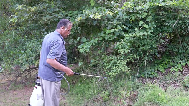 Slow motion clip of South Asian man spraying insecticide