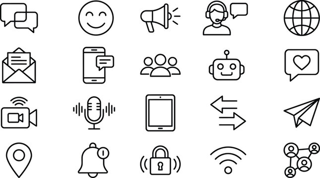 Black line icons for communication and technology
