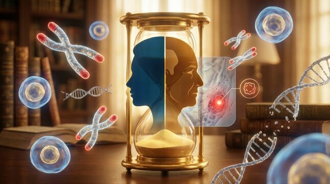 Scientific medical illustration of accelerated cellular aging: a split silhouette transitions from youthful to elderly, surrounded by a sandglass clock, shortened telomere strands, DNA helix fragments