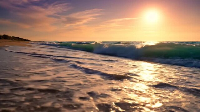 Scenic coastal view of a sandy beach as waves crash under a beautiful sunrise casting golden reflections