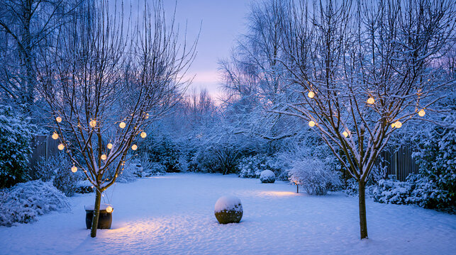 Snowy Garden Path with Illuminated Trees at Dusk