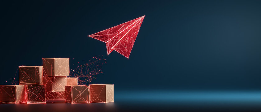 Red Wireframe Paper Airplane Launching from Cargo Boxes Fast Delivery and Ecommerce Concept