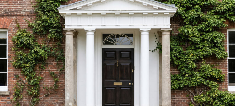 classic dark wooden front door with white pillars and pediment on red brick building covered in green ivy. elegant home entrance architecture. real estate, property exterior design.