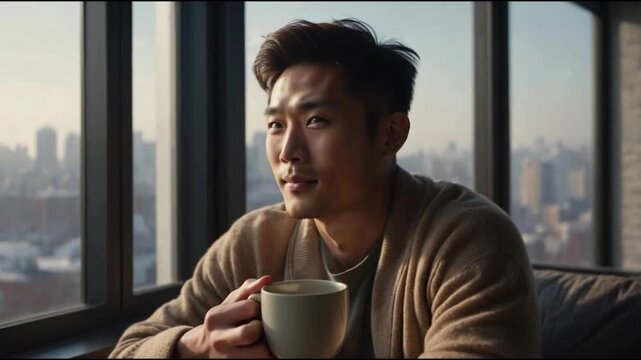Young Japanese Man Smiling While Holding Morning Coffee in Natural Light
