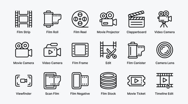Set of film strip roll reel movie projector clapperboard video camera viewfinder scan negative stock movie ticket timeline edit icons.