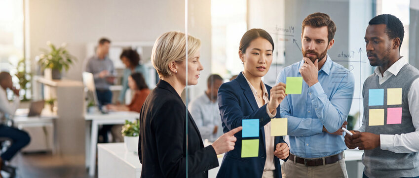 Diverse business team collaborates on strategy using sticky notes and glass board, planning and brainstorming ideas for project success in a modern office environment