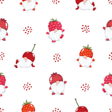Seamless pattern with cute berry gnomes - strawberry, cherry and raspberry. Baby print, vector illustration