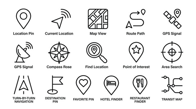 Set of location pin current map view route path gps signal compass rose find point of interest area search turn by turn navigation.