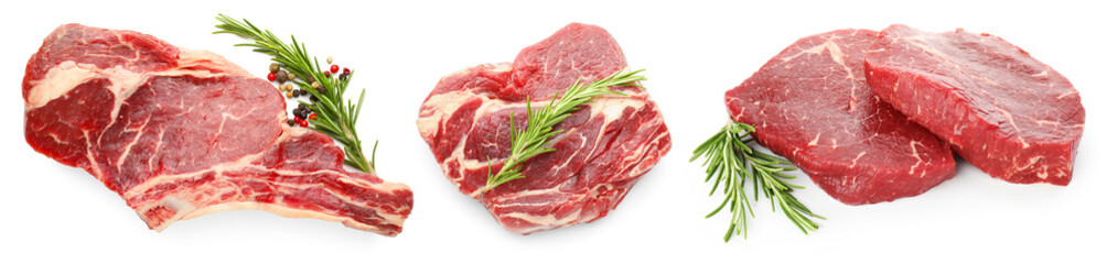 Fototapeta premium Fresh beef meat with rosemary isolated on white, set