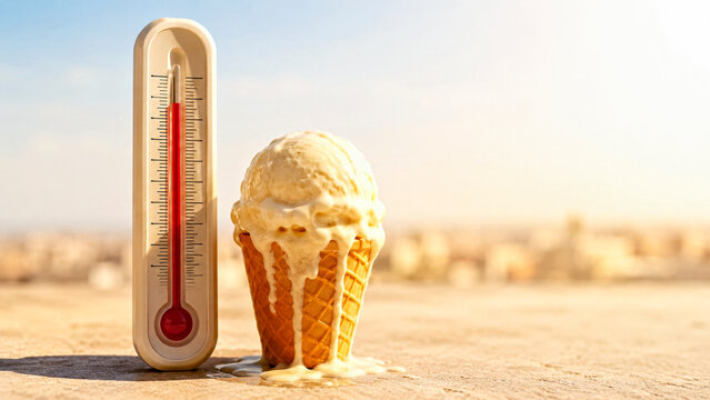 Thermometer Placed Beside a Melting Ice Cream Cone, Symbolizing Record-Breaking Heat