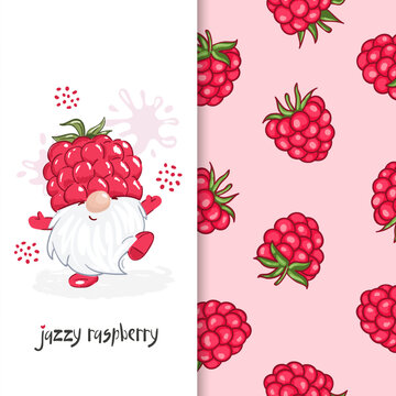 Raspberry set. Cute gnome and pattern with berries. Vector illustration for fabric, t-shirt design