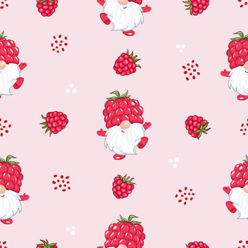 Raspberry pattern with cute gnome and berries. Vector cartoon seamless illustration