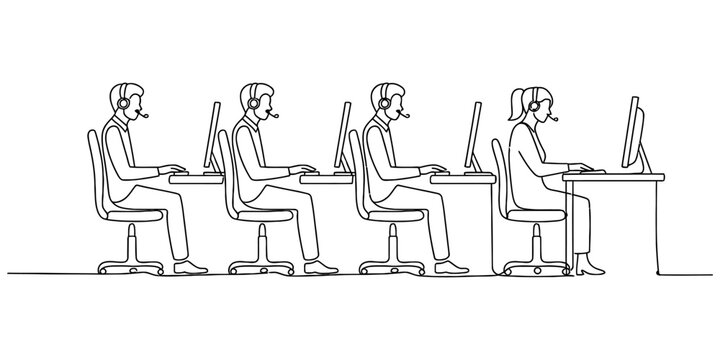 Continuous line drawing of a customer support team working at desks with computers and headsets in a modern office setup for business communication