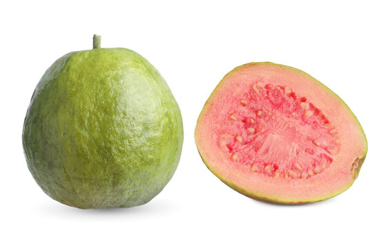Fresh guava isolated on white. Whole and half