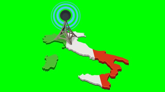 Italy communication tower broadcasting signals over the country map. Media and networking concept. Chroma key green screen with alpha channel. (loopable)