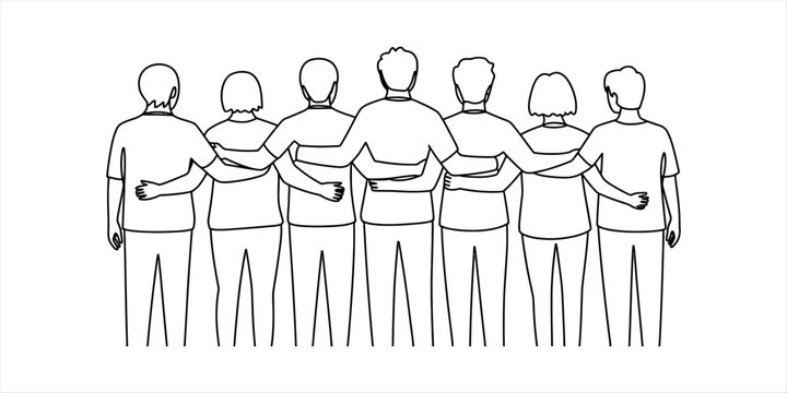 Group of diverse people standing together with arms around each other in a line as a symbol of unity friendship teamwork and support illustration